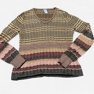 U-Knit XL Women’s Glittery Pink & Brown Striped Cream Sweater 70s vibes V neck